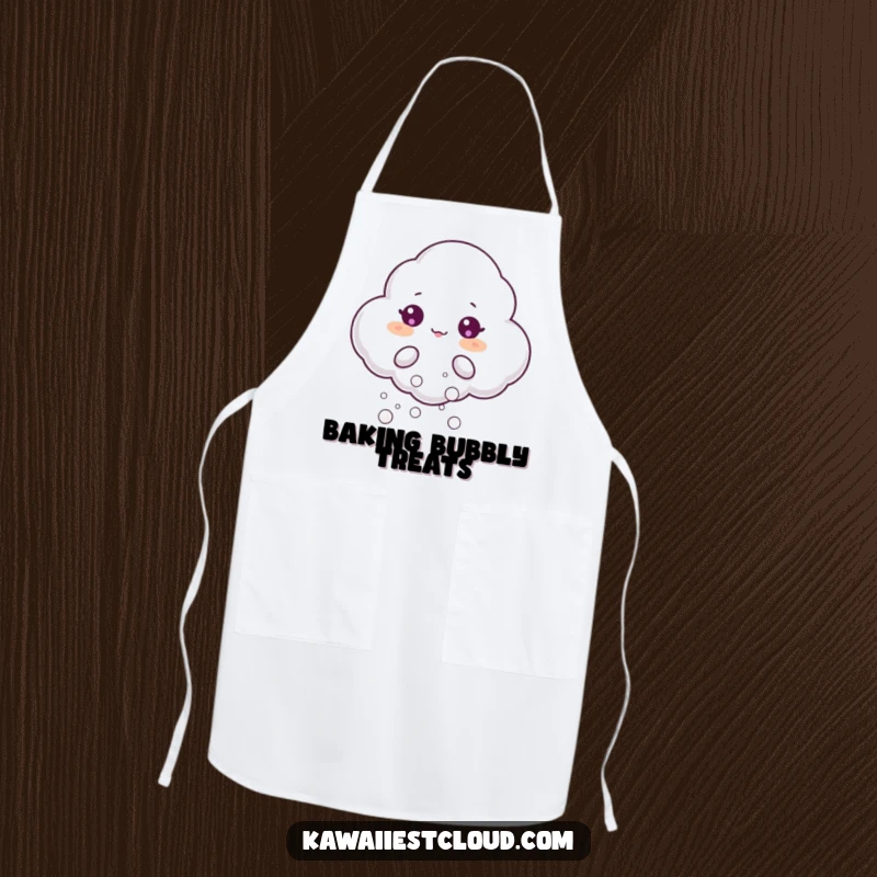 Funny apron designed with a beaming cloud character joyfully puffing out small, shimmering bubbles, bringing lighthearted fun to kitchen tasks.