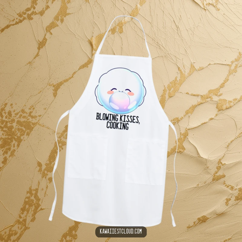 Funny apron depicting a delighted cloud character joyfully blowing a giant, iridescent bubble, perfect for kitchen adventures.