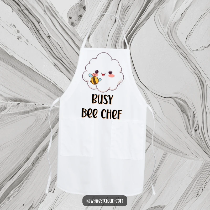 Funny apron depicting a surprised cloud character looking at a tiny, smiling bee buzzing humorously, perfect for kitchen adventures.