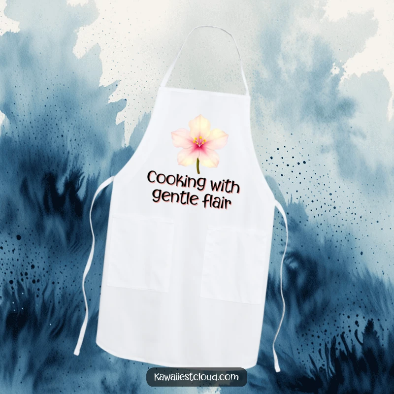 Funny tiny glowing blossom apron with delicate translucent petals, perfect for humorous cooking.
