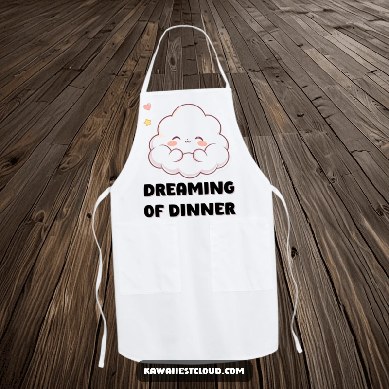 Funny apron designed with a dreaming cloud character possessing a peaceful expression, floating serenely, ideal for calm culinary endeavors.
