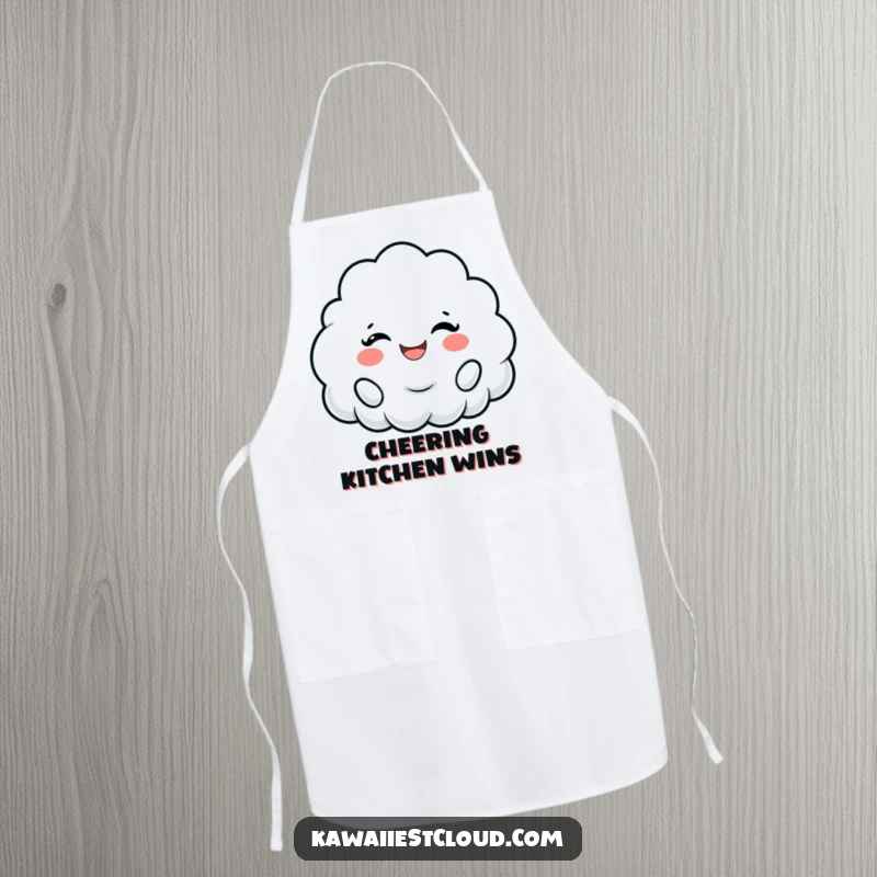 Funny apron featuring a cloud character cheering with a wide, fluffy smile, perfect for a joyful cooking experience.