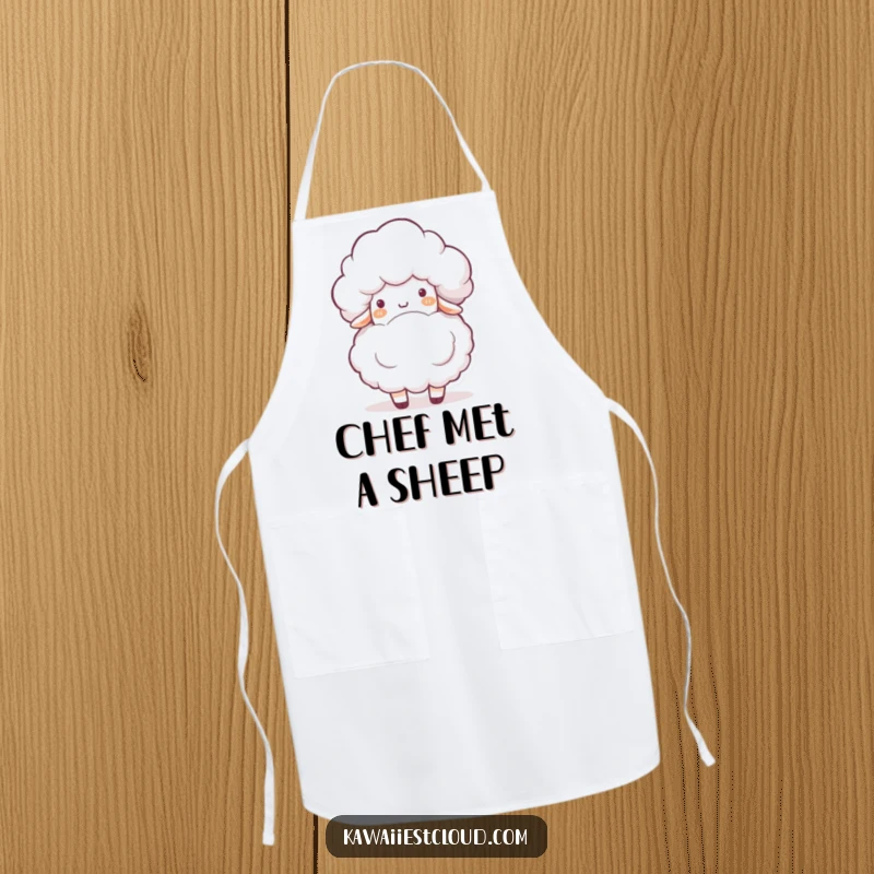 Funny apron designed with a playful cloud character gently nudging a fluffy white sheep, bringing lightheartedness to kitchen tasks.