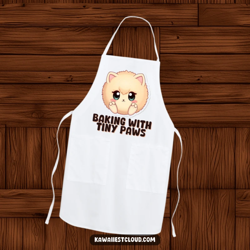 Funny fuzzy sphere apron with large curious eyes and tiny paws, perfect for humorous baking sessions.