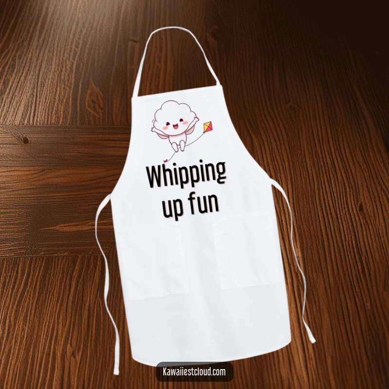 Funny apron depicting a cheerful cloud character joyfully riding a kite, bringing adventure to the kitchen.
