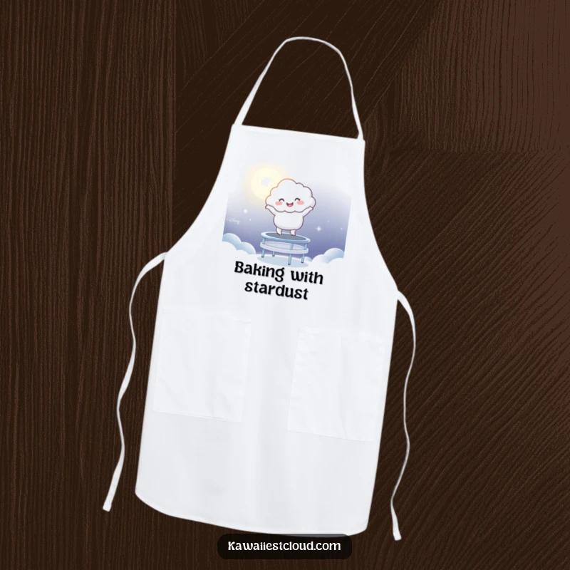 Funny Apron: A happy cloud character bouncing energetically on a magical trampoline illuminated by soft moonlight.