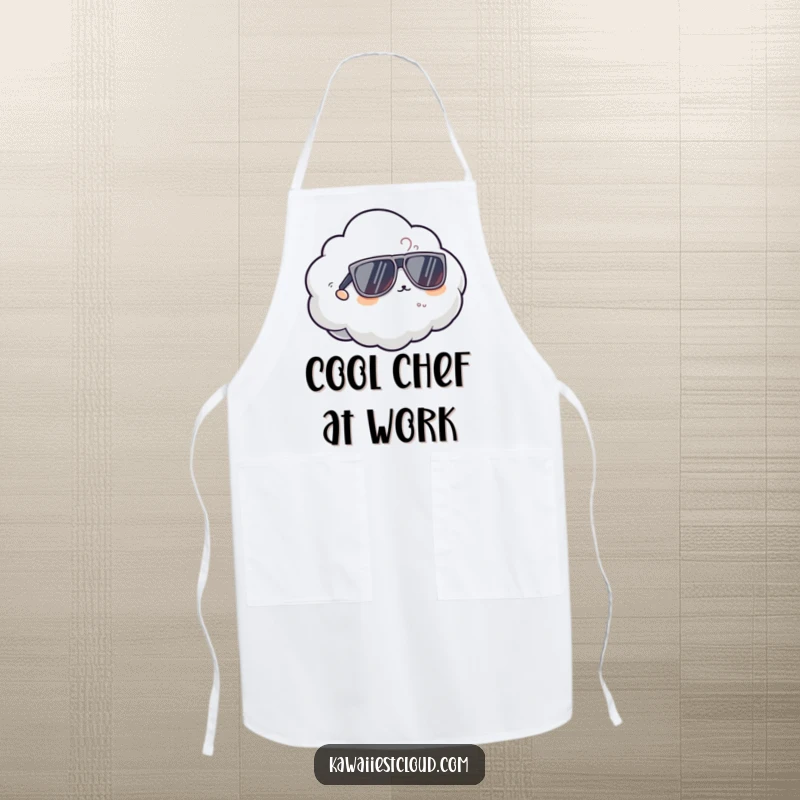 Funny cool cloud apron showing a character in oversized sunglasses, ready to tackle kitchen tasks with a cool, collected, and humorous attitude.
