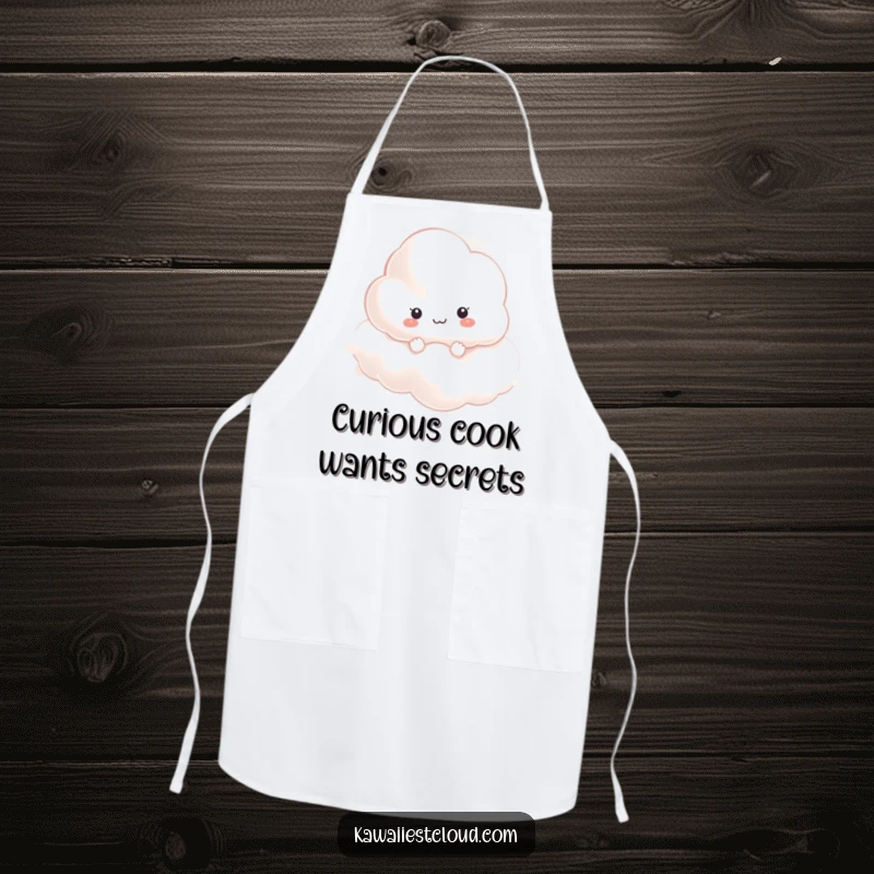 Funny curious cloud character peeking through mist on a kitchen apron, ideal for culinary exploration.