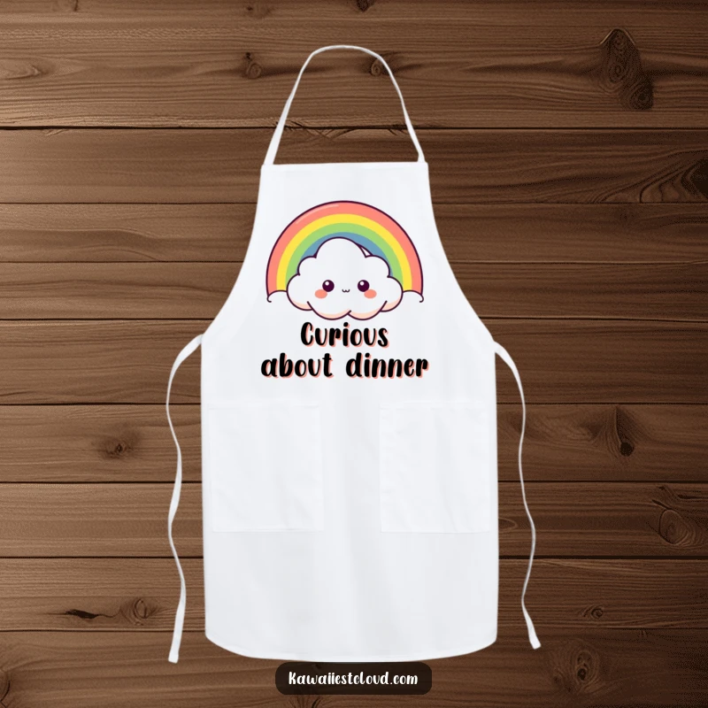Funny curious cloud apron featuring a character peeking from behind a bright rainbow, adding a playful and humorous touch to kitchen tasks.