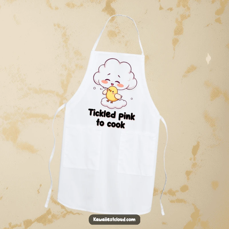 Funny giggling cloud apron showing a character playfully tickling a bird with cloud wisps, ready for kitchen fun with a cheerful attitude.