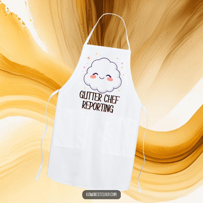Funny kitchen apron with a giggling cloud showering sparkling glitter, adding fun and humor to cooking tasks.