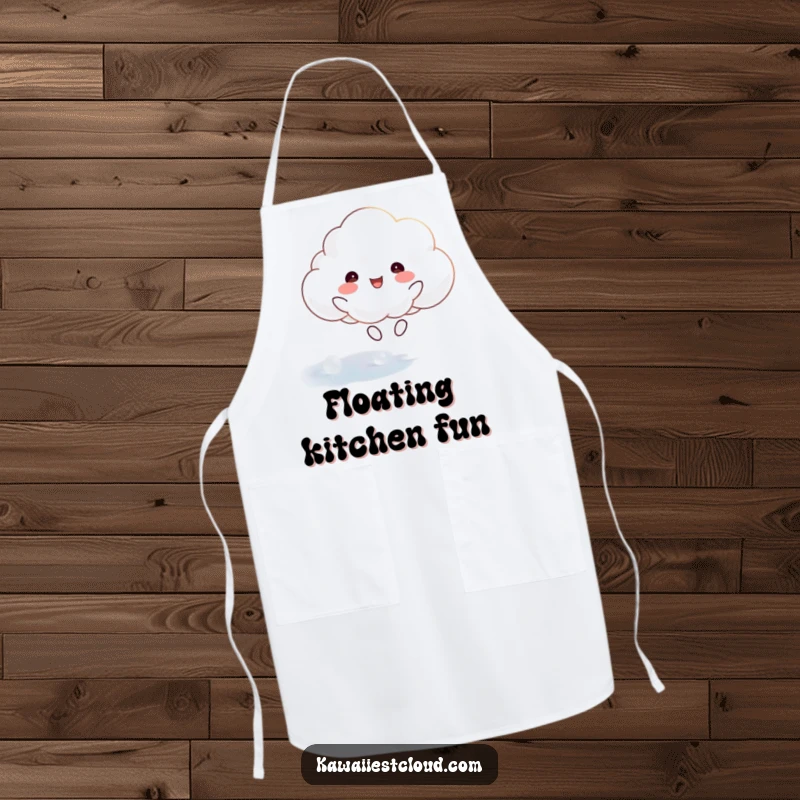Funny apron depicting a happy cloud character joyfully bouncing on a shimmering, ethereal surface, perfect for kitchen adventures.