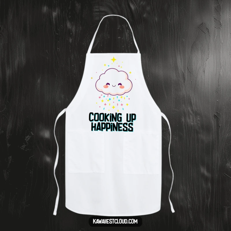 Funny joyful cloud character showering colorful rain on a kitchen apron, for cheerful cooks.