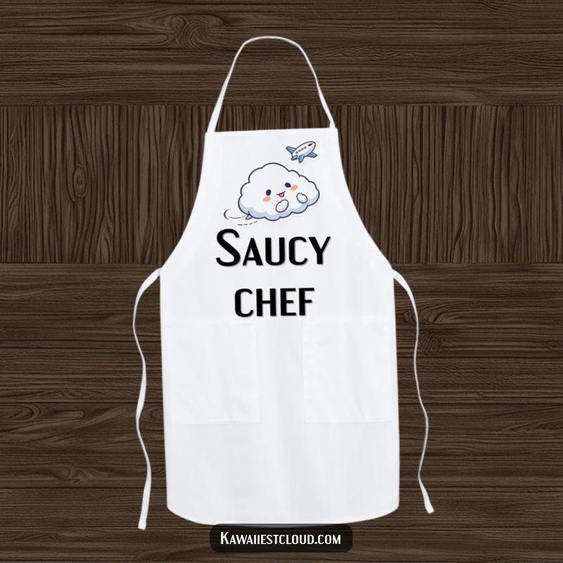 Funny apron with a mischievous cloud character tickling a bird, adding playful charm to kitchen wear.