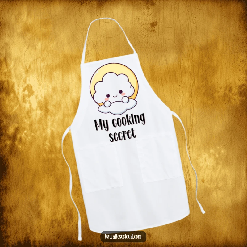 Funny kitchen apron featuring a smiling cloud character peeking from behind a star, perfect for adding humor to cooking.