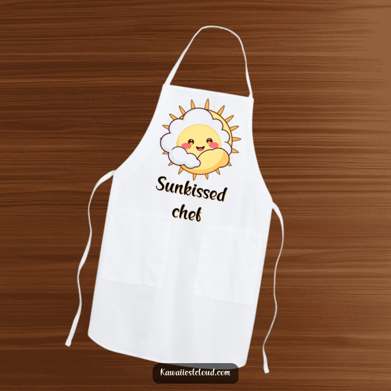 Funny Apron: Cute cloud character with a happy, wide grin peeking from behind a large sun, perfect for a sunny cook.