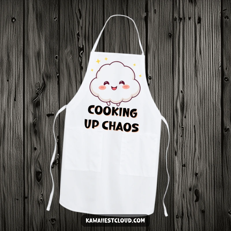 Funny apron with a playful cloud character, mischievous twinkle, bouncing happily, bringing fun and humor to cooking.