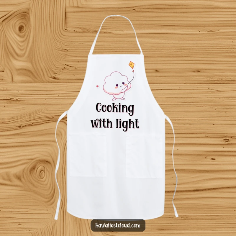 Funny apron with a playful cloud character chasing a kite made of light, adding whimsical flair to kitchen wear.