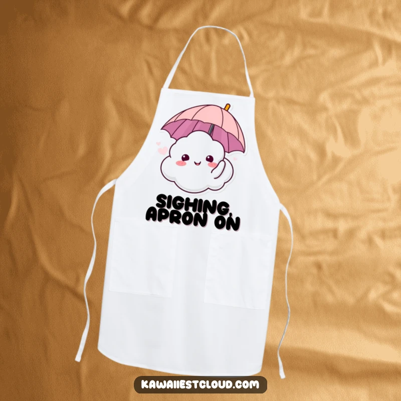 Funny kitchen apron with a cloud character sighing happily and holding an umbrella, perfect for calm cooking.
