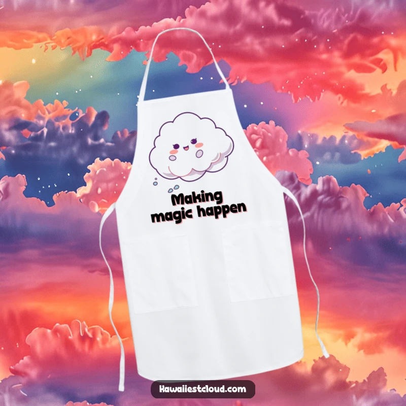 Funny Shimmer Cloud Apron: A cheerful cloud character spins playfully, its iridescent trail adding sparkle. Perfect funny kitchen wear.