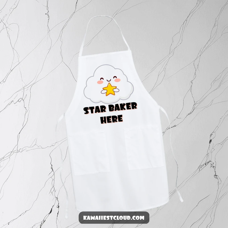 Funny Apron showing a smiling cloud character holding and offering a tiny, bright star, perfect for spreading cheer in the kitchen.