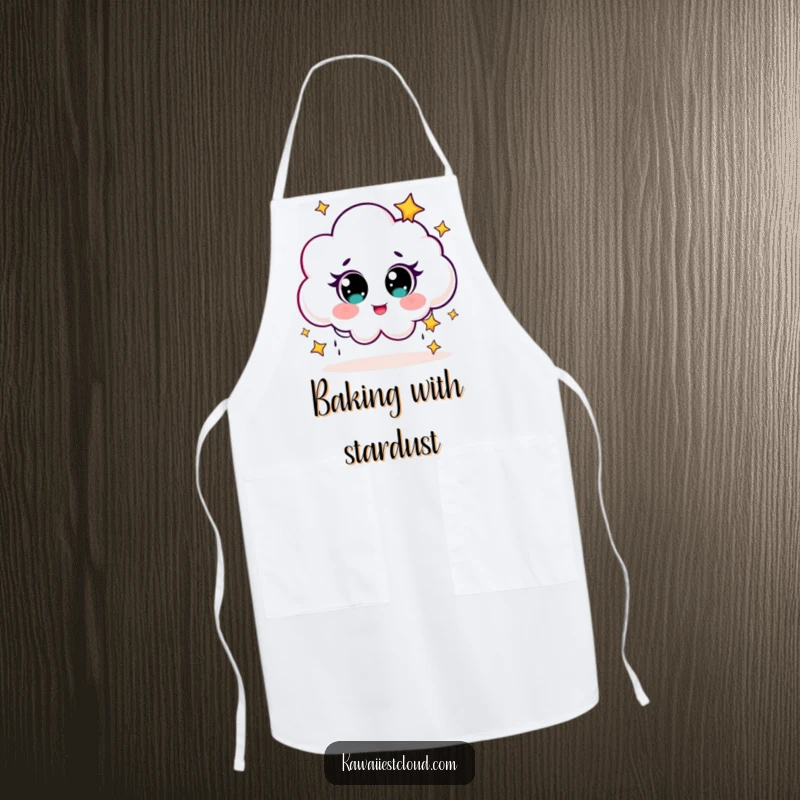 Funny Apron showing a cute cloud character with big eyes, giggling while raining tiny stars.