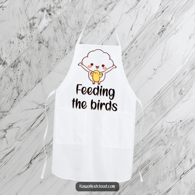 Funny apron with a welcoming cloud character, arms outstretched, gently receiving a small bird, symbolizing kindness.