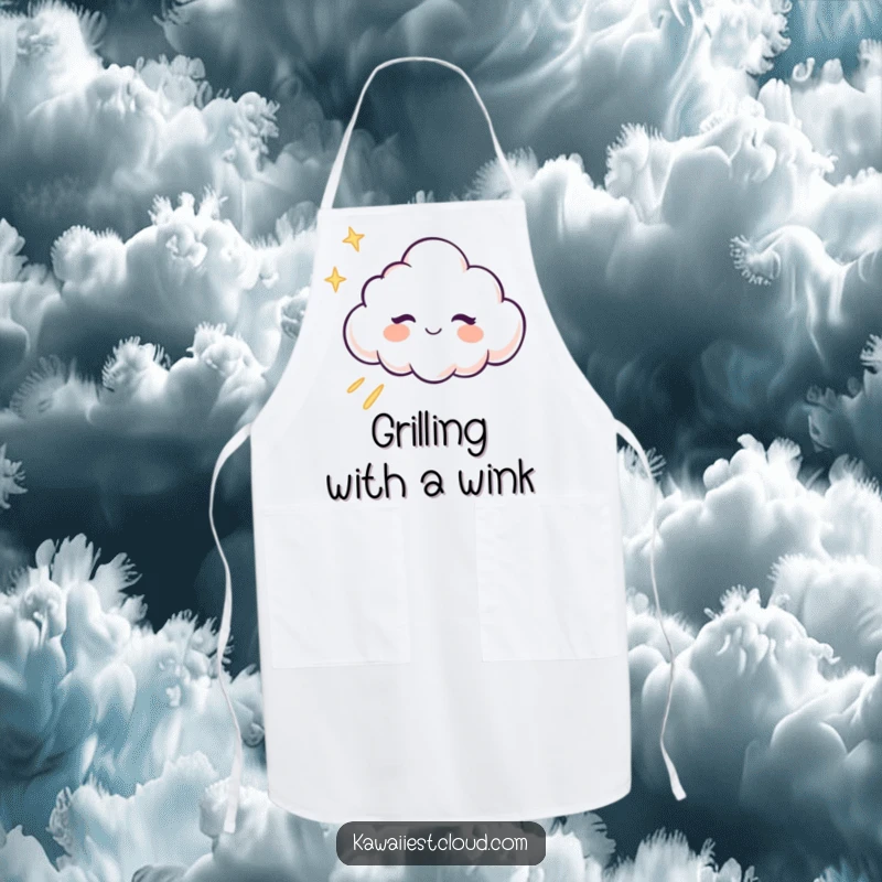 Funny winking cloud character leaving a trail of light on a kitchen apron, for magical cooks.