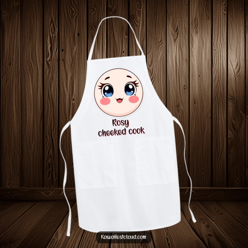 Funny apron featuring a round, soft object with large, expressive eyes and rosy cheeks, perfect for adorable kitchen activities.