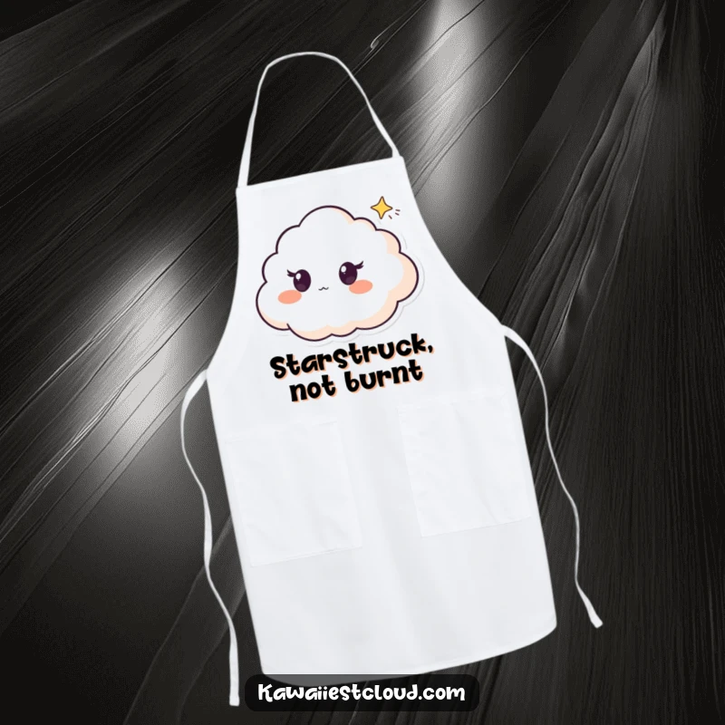 Funny apron showing a cloud character with surprised eyes, looking up at a small shooting star, adding whimsy to cooking.