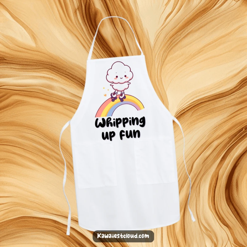 Funny apron showcasing a cheerful cloud character equipped with roller skates, happily cruising down a bright rainbow, ready for kitchen fun.