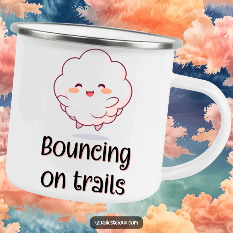 Funny camping mug showing a fluffy cloud character joyfully bouncing with rosy cheeks, perfect for outdoor drinks with a cheerful twist.