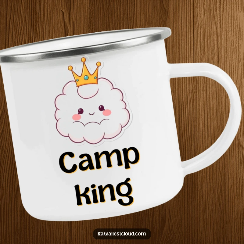 Funny camping mug with a smiling cartoon cloud wearing a fluffy crown, bringing royal cheer to outdoor adventures.