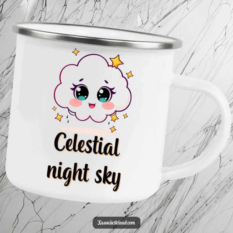 Funny Camping Mug featuring a cute cloud character giggling and raining tiny stars, perfect for stargazing.