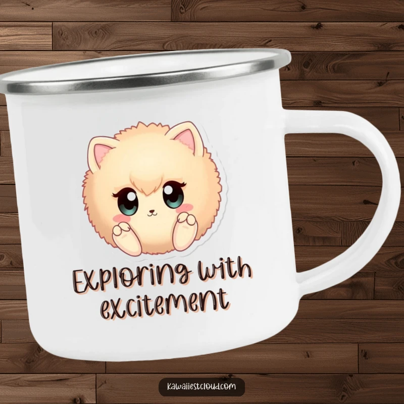 Funny fuzzy sphere camping mug with large curious eyes and tiny paws, perfect for humorous adventures.