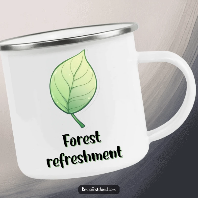 Funny Camping Mug showcasing a miniature, stylized leaf with an artistic, elegant curve, perfect for outdoor adventures.
