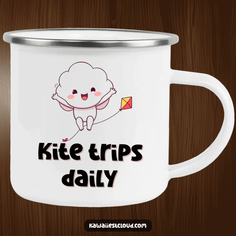 Funny camping mug showing a cheerful cloud character soaring on a kite, perfect for adventurous sipping.