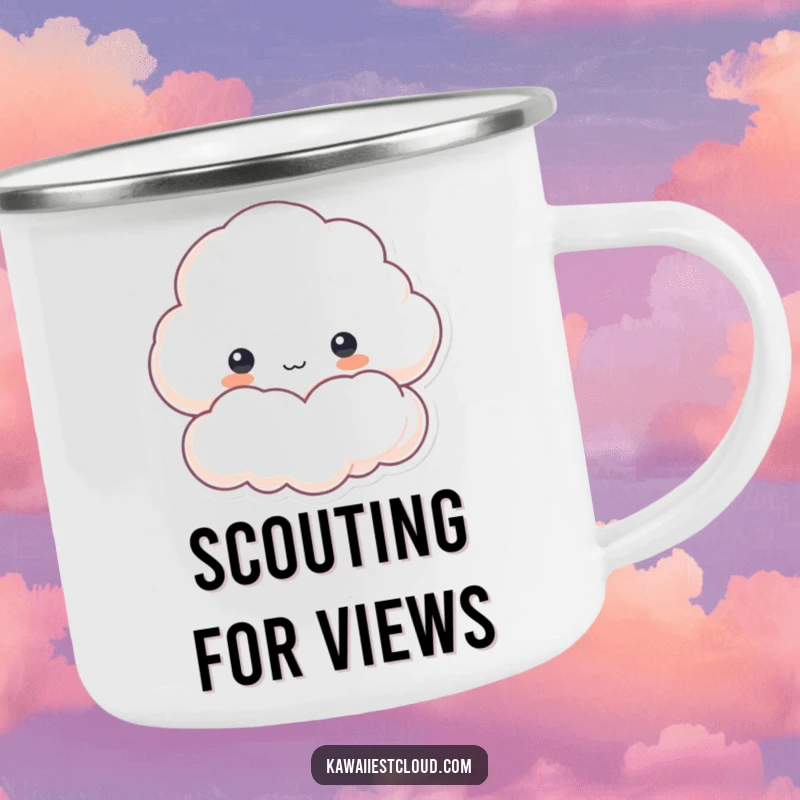 Funny camping mug with a cloud character peeking curiously from a fluffy edge, perfect for enjoying drinks outdoors with a sense of wonder.