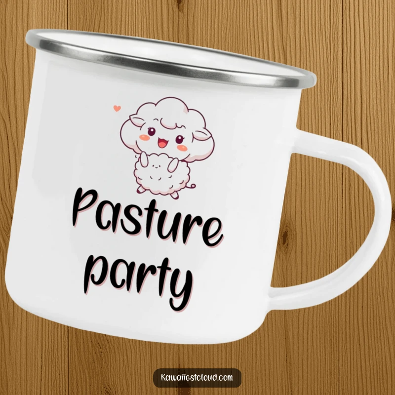Funny camping mug showing a cloud character joyfully bouncing a sheep, perfect for sipping beverages on the go.