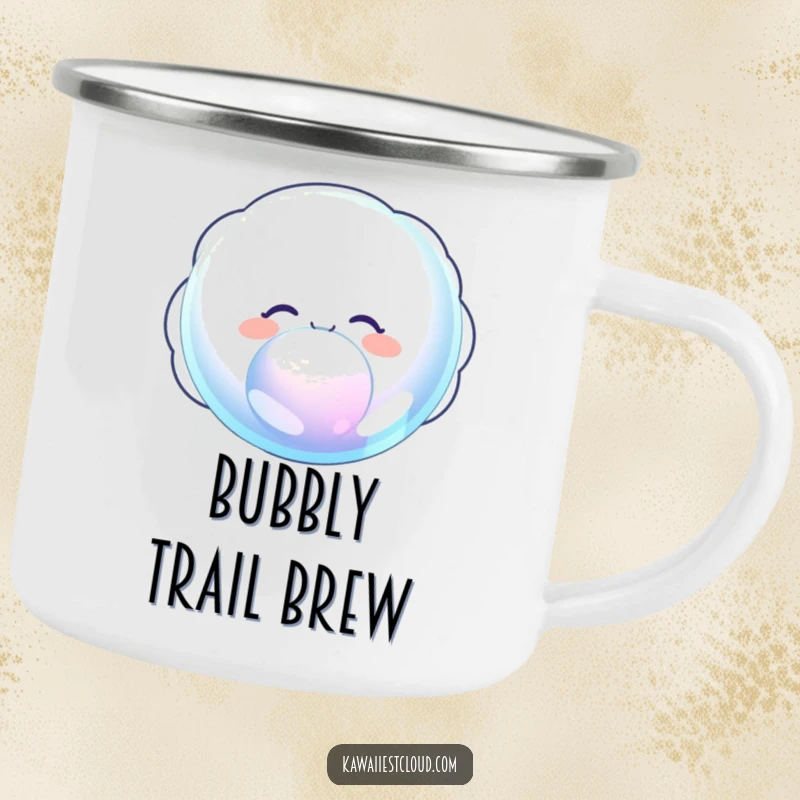 Funny camping mug showing a delighted cloud character joyfully blowing a giant, iridescent bubble, ideal for outdoor fun.