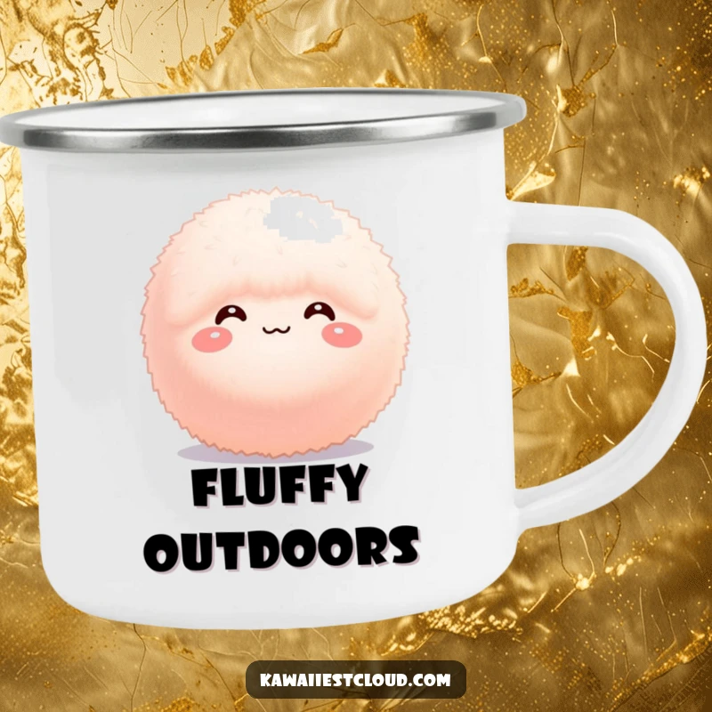 Funny Camping Mug: A small, fluffy sphere with a bashful smile, ready for your next cozy outdoor escape.