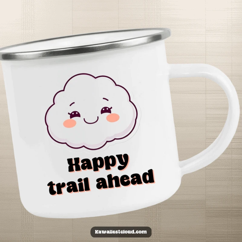 Funny camping mug with a smiling cloud character, wide grin, floating joyfully, ideal for enjoying drinks on the go.