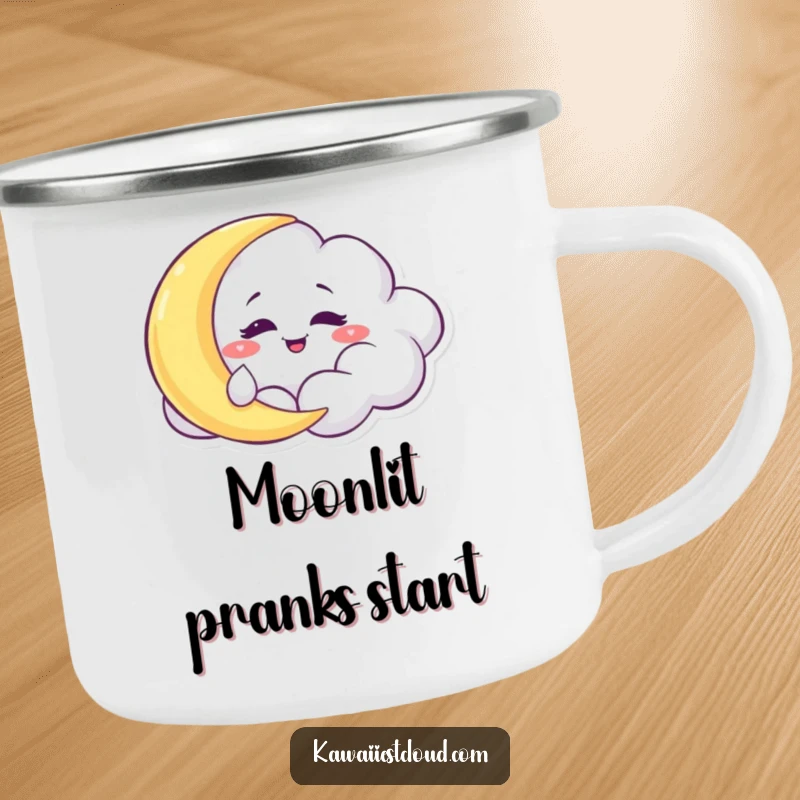 Funny Camping Mug: A mischievous cloud character playfully tickling a sleepy moon during the night.