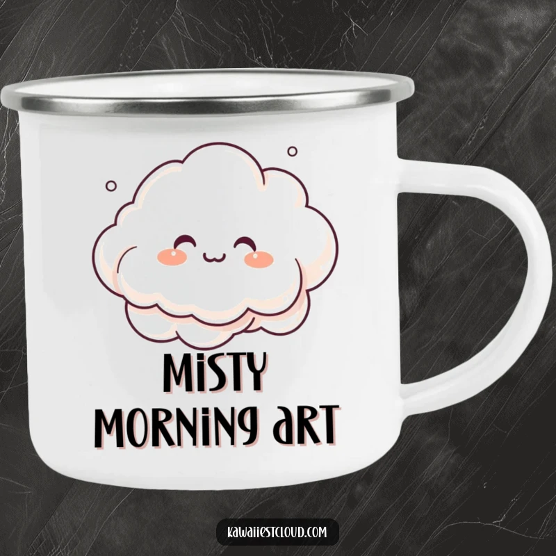 Funny Camping Mug with a giggling cloud character creating intricate, whimsical shapes with its mist, perfect for creative outdoor moments.