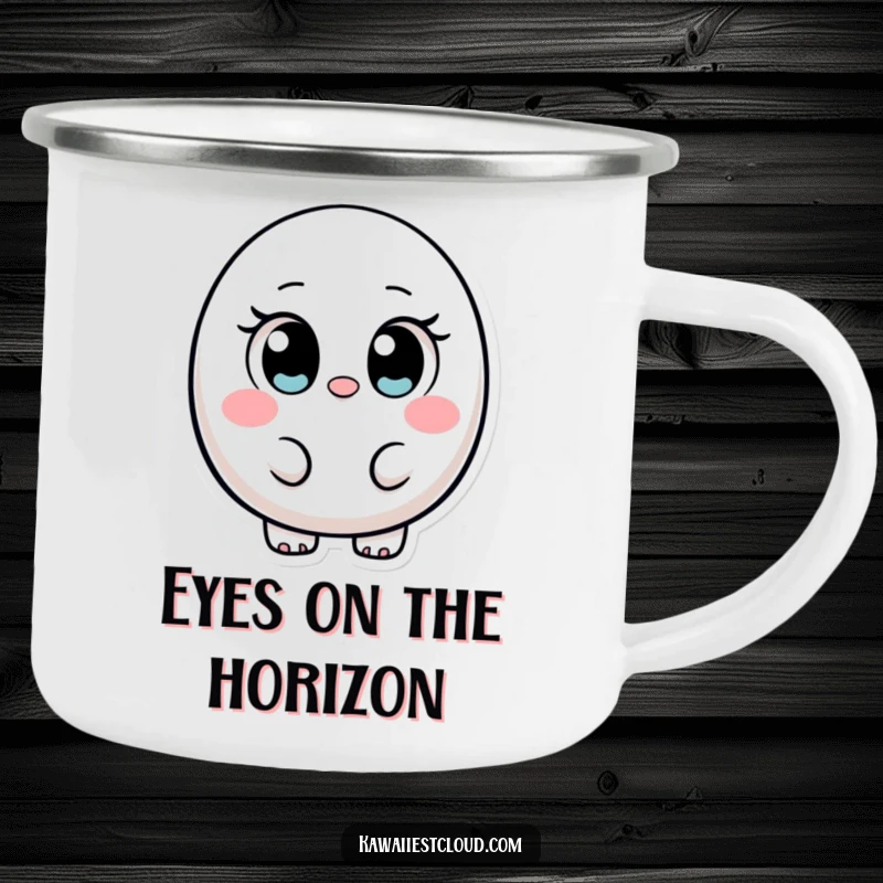 Funny ovular character camping mug with large, innocent eyes, perfect for enjoying drinks outdoors with a dose of humor.