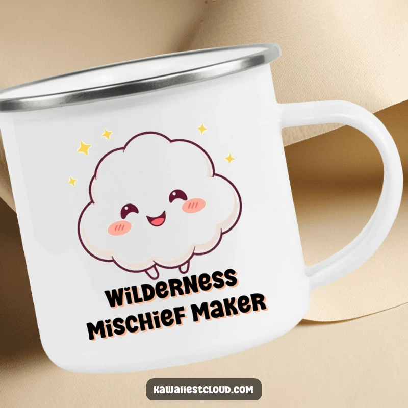 Funny camping mug with a playful cloud character, mischievous twinkle, bouncing happily, ideal for outdoor fun.