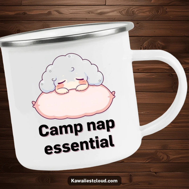 Funny camping mug with a content cloud character napping on a pillow, perfect for outdoor relaxation and humor.