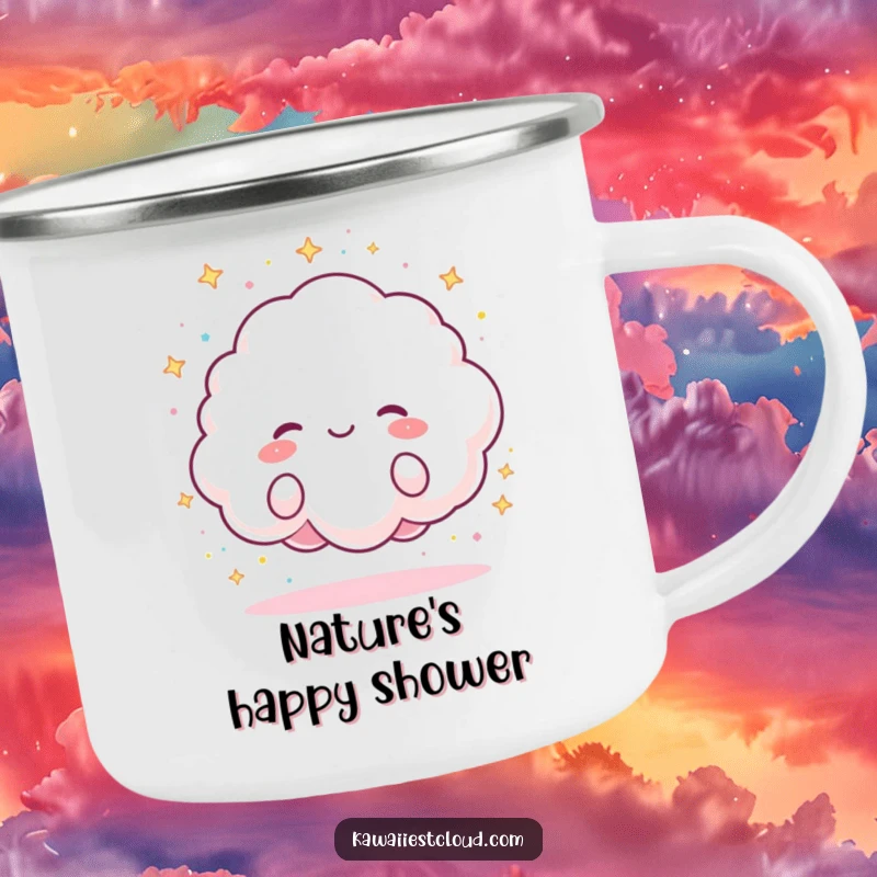 Funny Camping Mug featuring a fluffy cloud character joyfully raining tiny, colorful sparkles, perfect for outdoor adventures and cozy drinks.