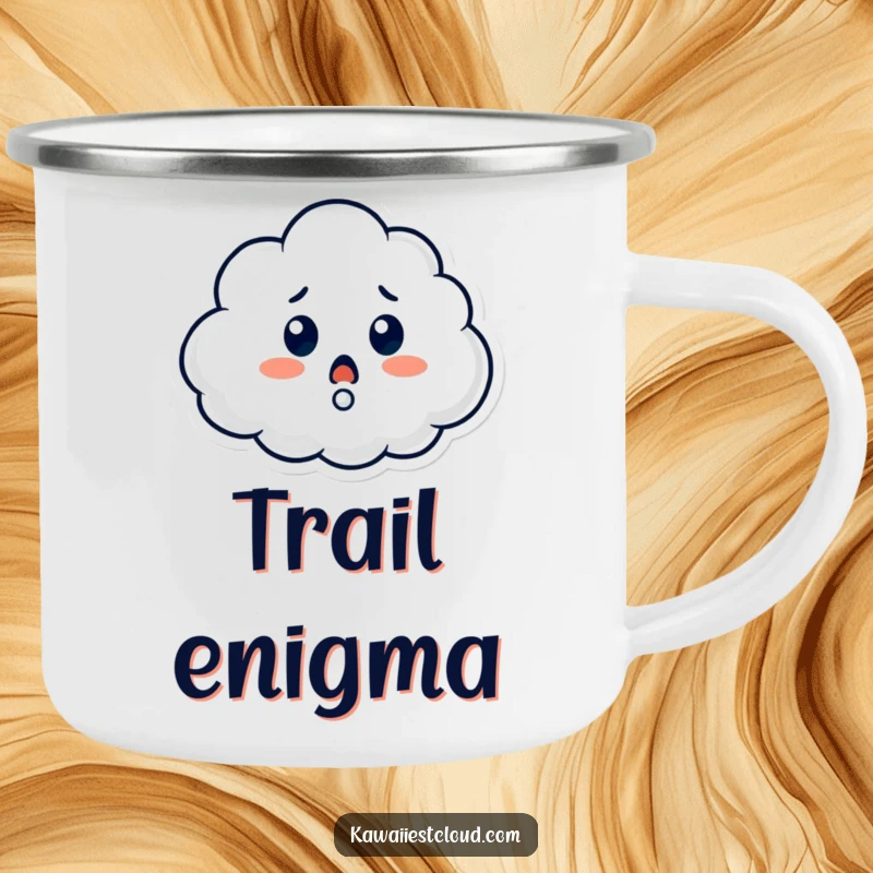 Funny camping mug showing a cloud character looking surprised with a question mark, perfect for outdoor drinks with a witty and humorous twist.