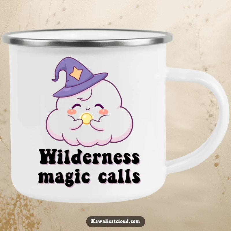 Funny Camping Mug: A cloud character in a wizard hat conjuring a glowing orb, perfect for mystical outdoor moments.